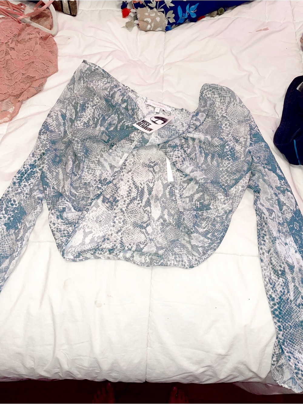 Windsor Light Blue Snake-Print Long Sleeve Midriff Shirt Tie Crop Top
